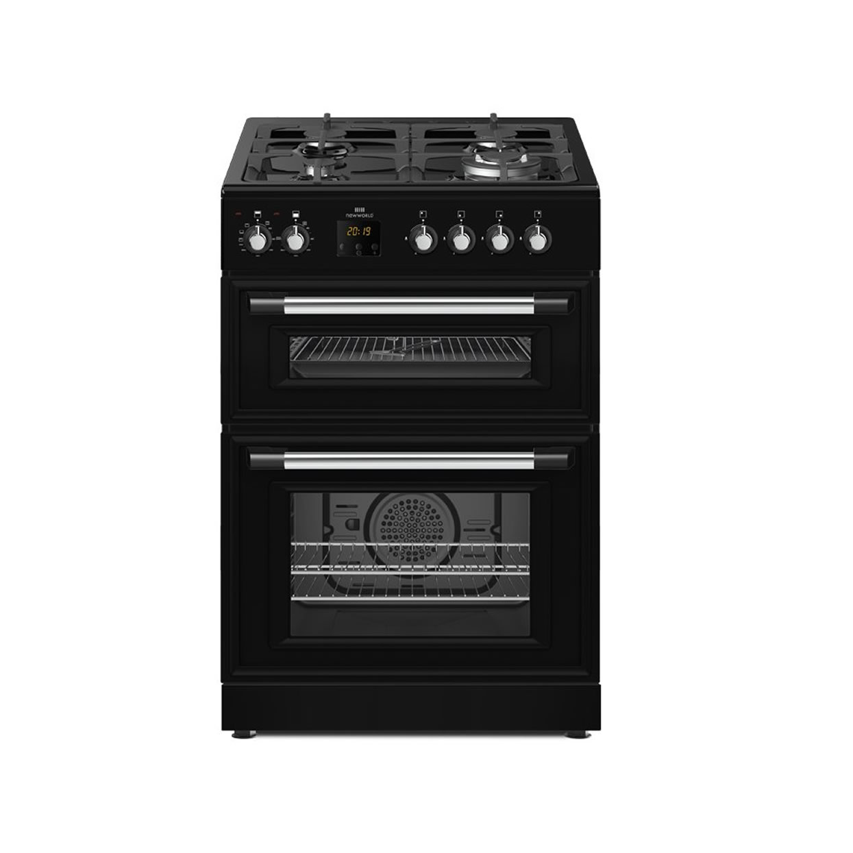 New-World 600mm Double Oven Dual Fuel Cooker Gas Hob Black