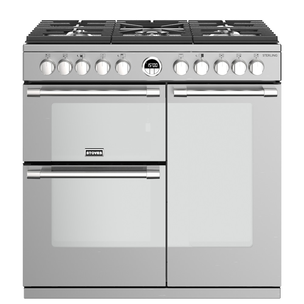 Slide STERLING S900DF S/STEEL 900mm Dual Fuel Range Cooker 5 x Burners S/Steel